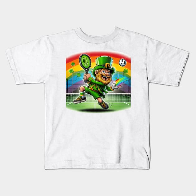 Leprechaun Playing Pickleball St Patrick's Day Kids T-Shirt by Battlefoxx Living Earth